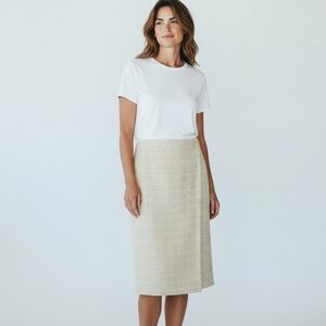 St John Italian Tweed Knit Midi Skirt Womens Size 10 Ecru Fringe Textured NEW